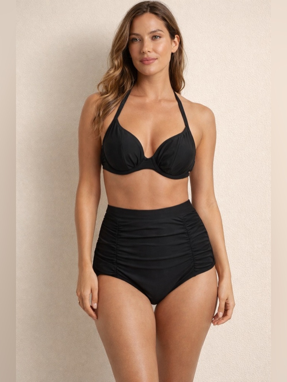 🏷️ Halter Bikini Set with High Waisted Ruched Bottoms Size M Top w XL Bottoms